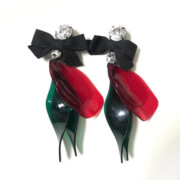 Marni x H&M Red Green Acrylic Prong Set Rhinestone Bow Dangle Clip-On Earrings - Picture 1 of 8